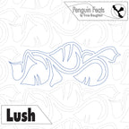 Outline of leaves with 'Penguin Feats' and 'Lush' text on a repeated pattern background