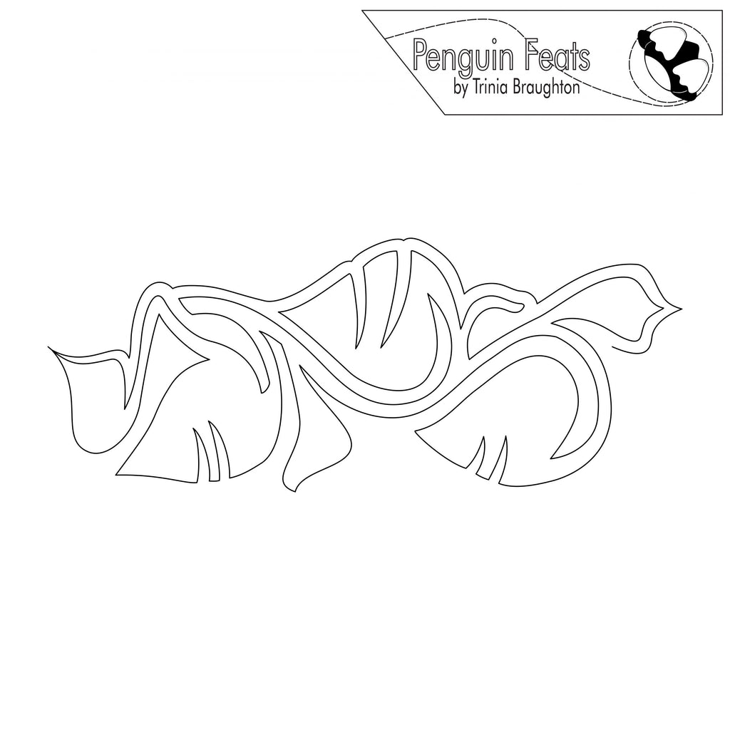 Black and white line drawing of a stylized leafy vine with 'Penguin Feats by Trinia Braughton' logo above.