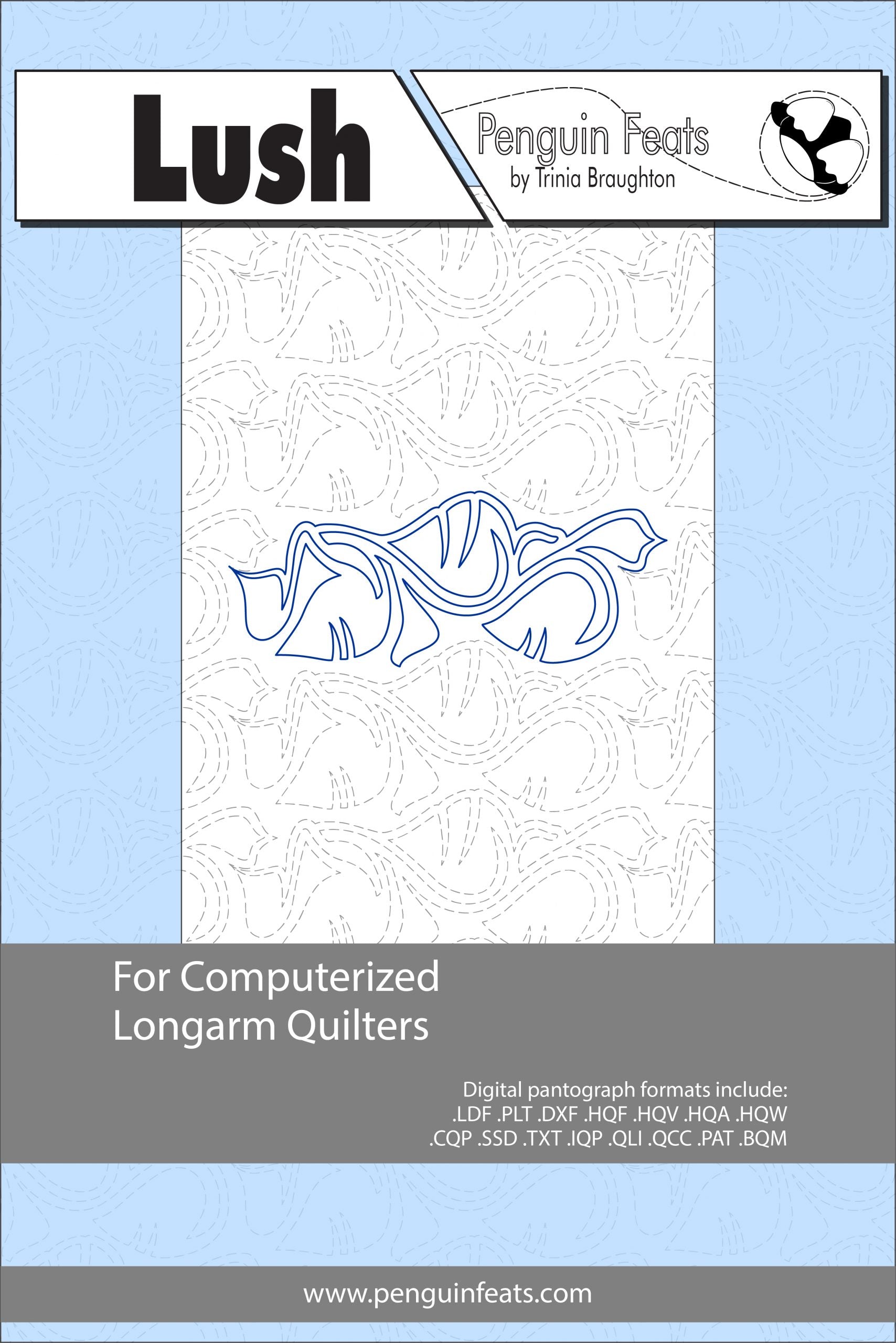 Design sheet for computerized longarm quilters with 'Lush' branding and product details.