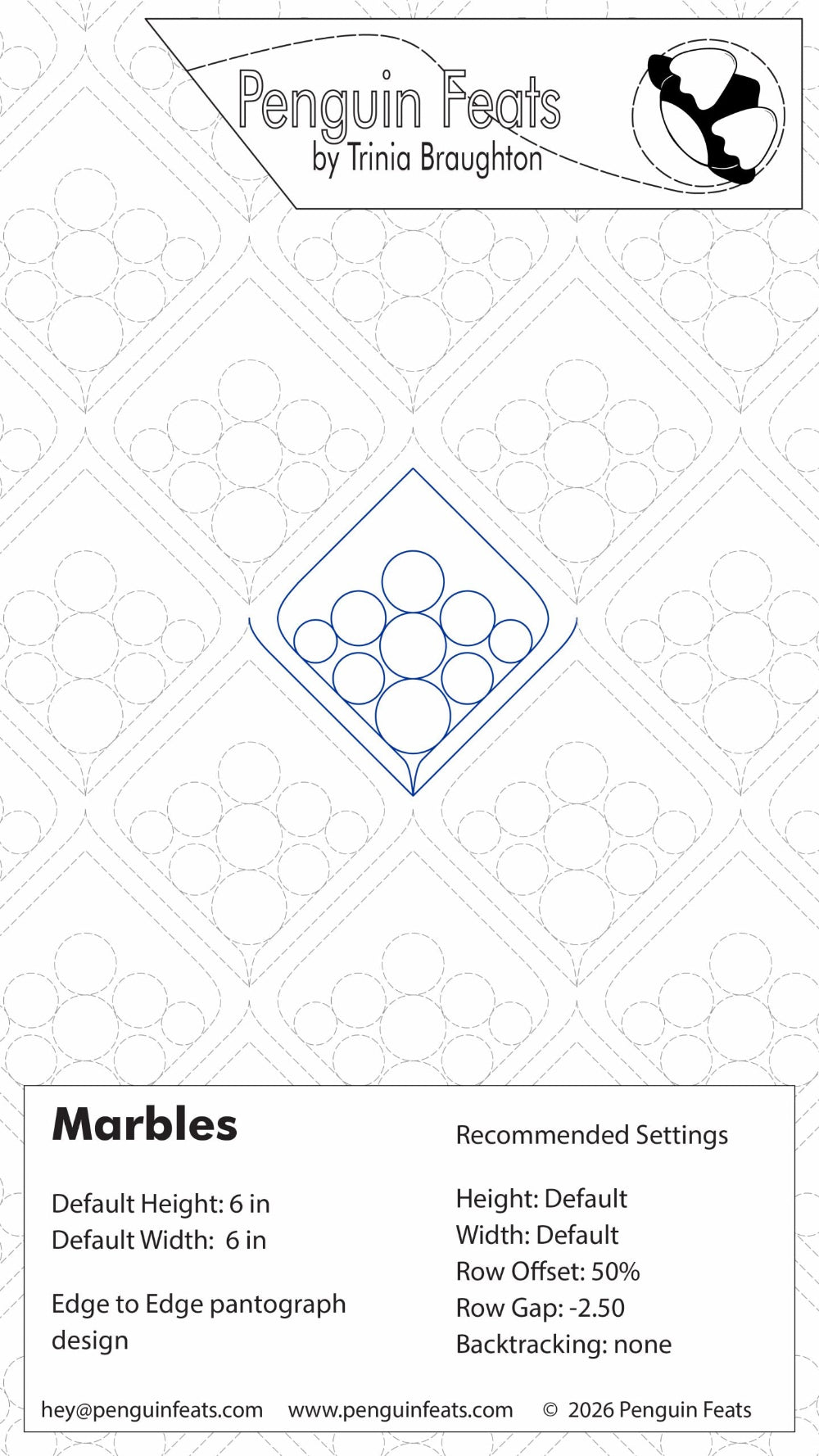 Design sheet for 'Marbles' by Trinia Braughton with design and branding information.