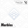 Continuous line in blue titled 'Marbles' by Penguin Feats, featuring geometric shapes and circles.