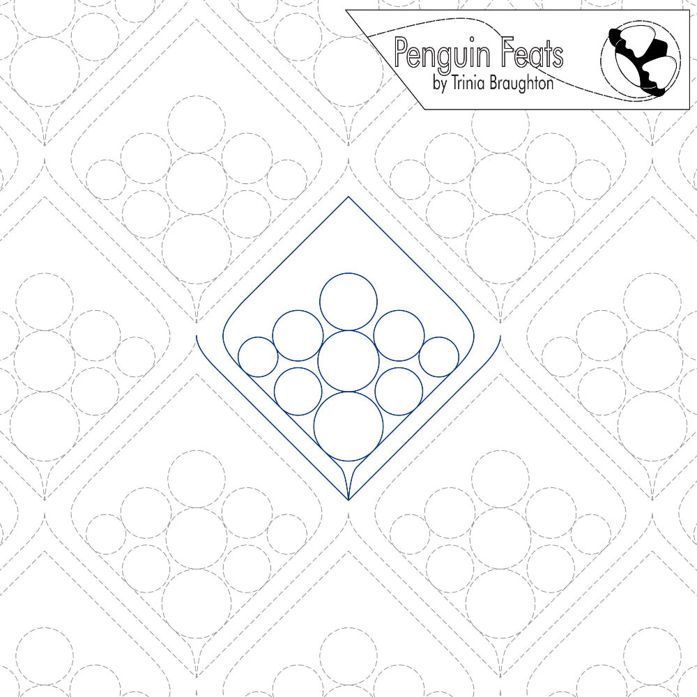 Continuous line pattern in blue with circles and a diamond shape, labeled 'Penguin Feats' by Trinia Braughton.