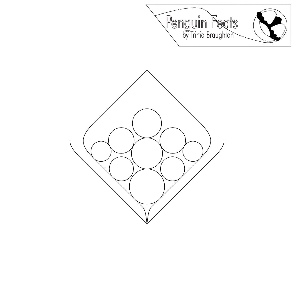 Outline of a diamond with circles inside, labeled 'Penguin Feats by Trinia Braughton'.