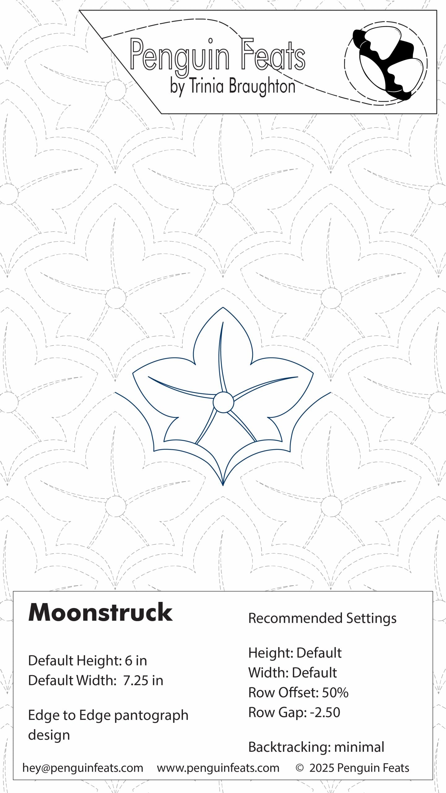 Moonstruck design sheet with settings and Penguin Feats branding 