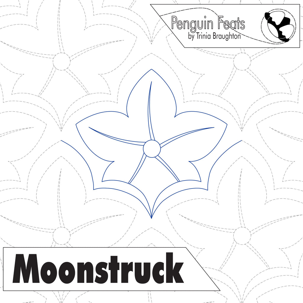 Design of a flower with 'Penguin Feats' and 'Moonstruck' text on a patterned background