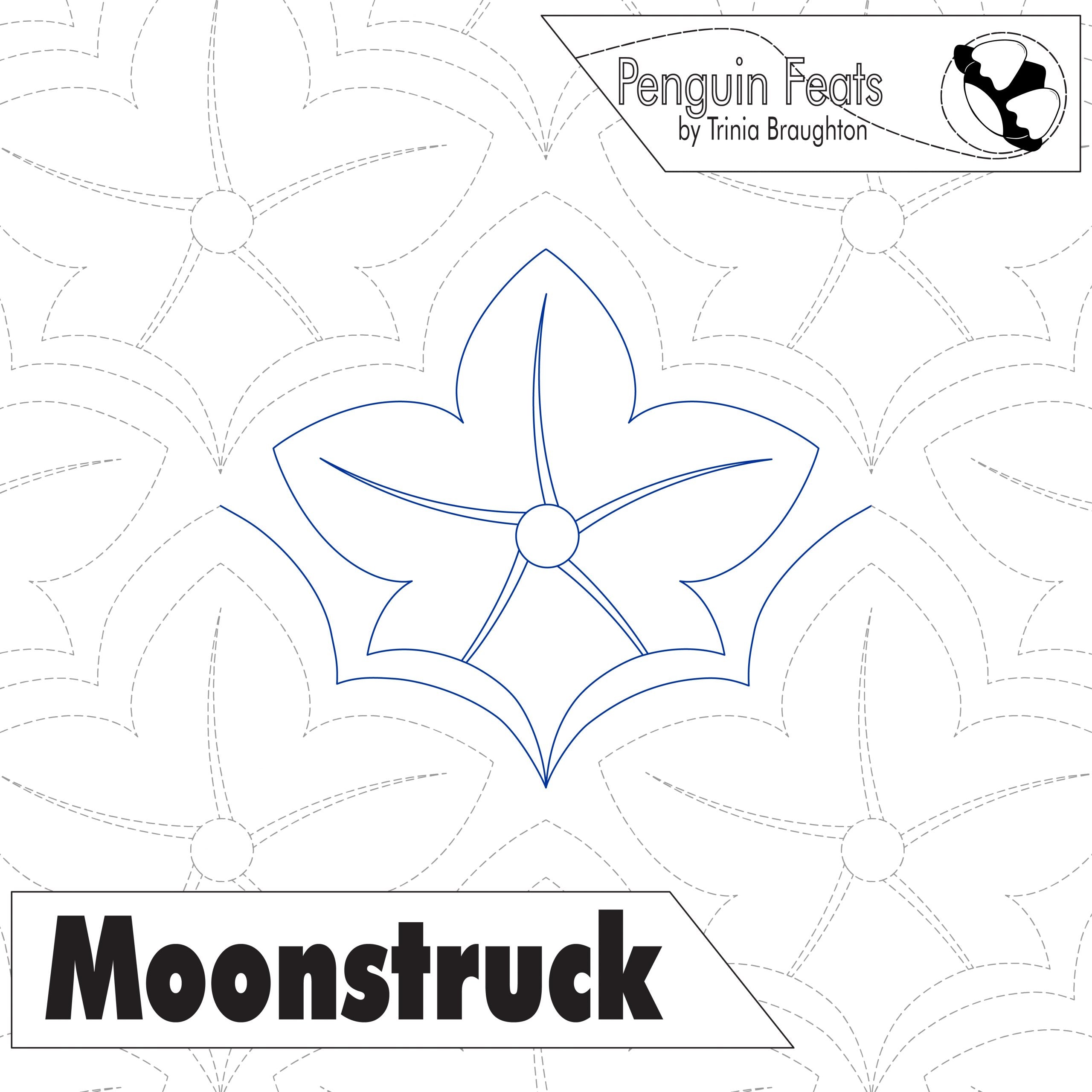 Design of a flower with 'Penguin Feats' and 'Moonstruck' text on a patterned background