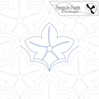 Quilting pantograph pattern with a blue flower design on a white background, featuring the 'Penguin Feats' logo.