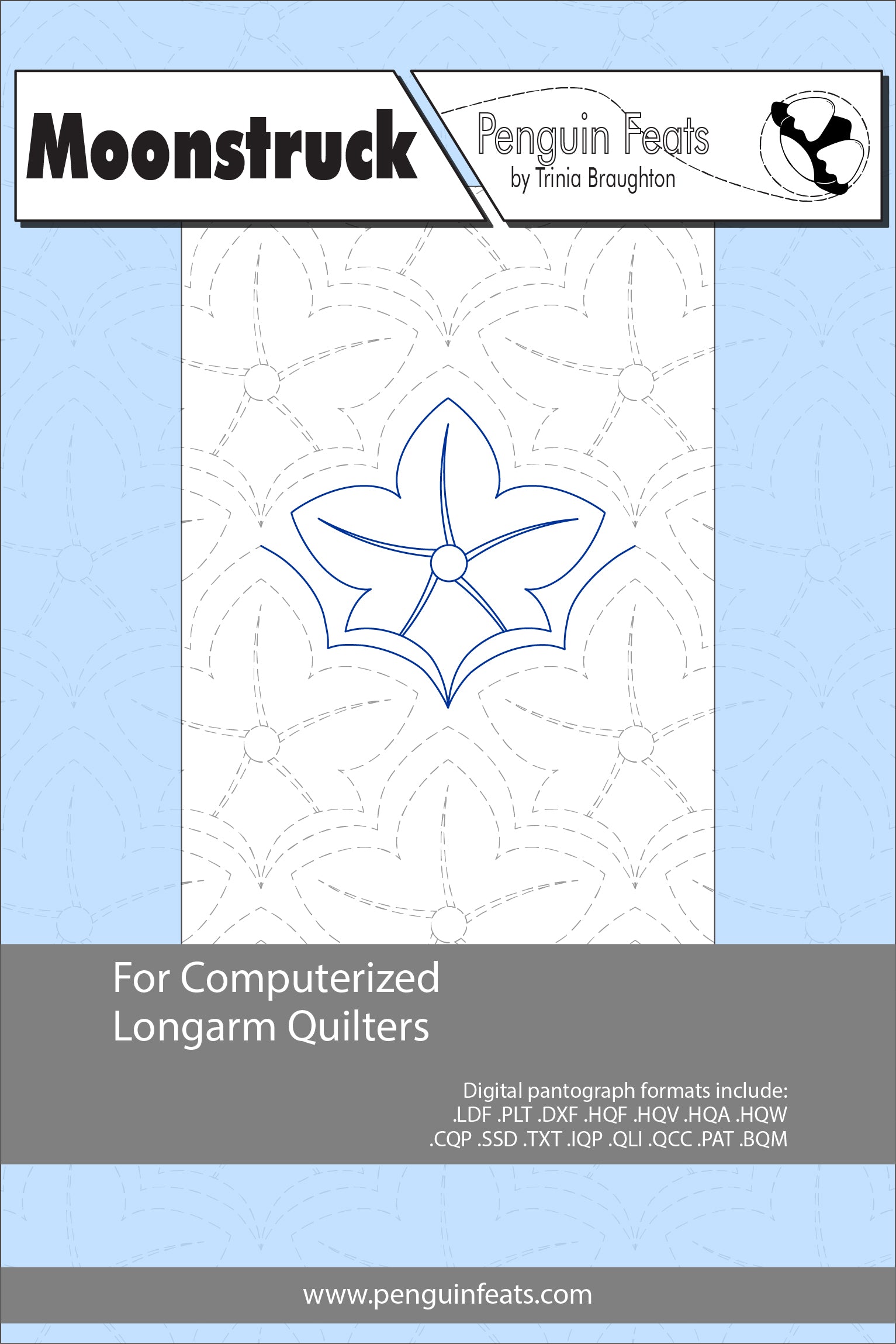 Design for computerized longarm quilters with a blue flower pattern on a light gray background.