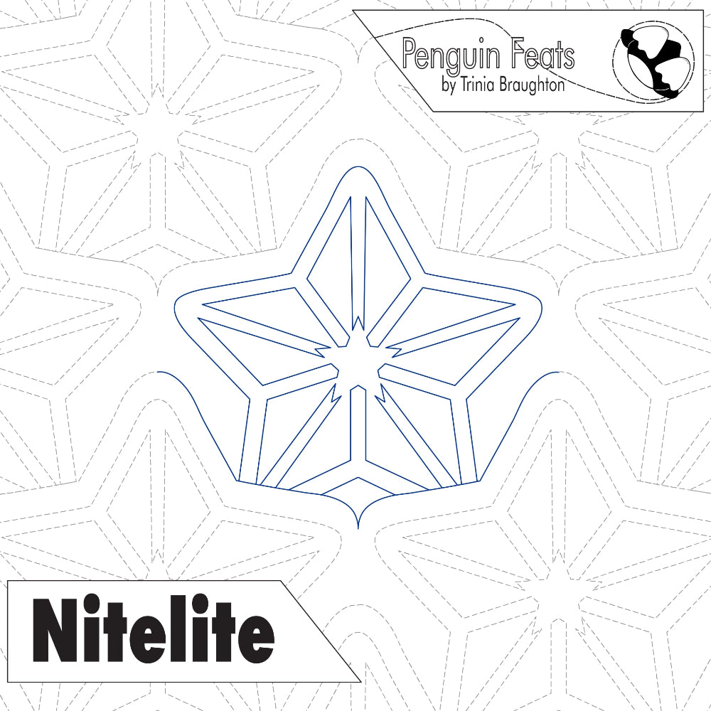 Star-shaped design with 'Penguin Feats' and 'Nitelite' branding on a geometric patterned background.