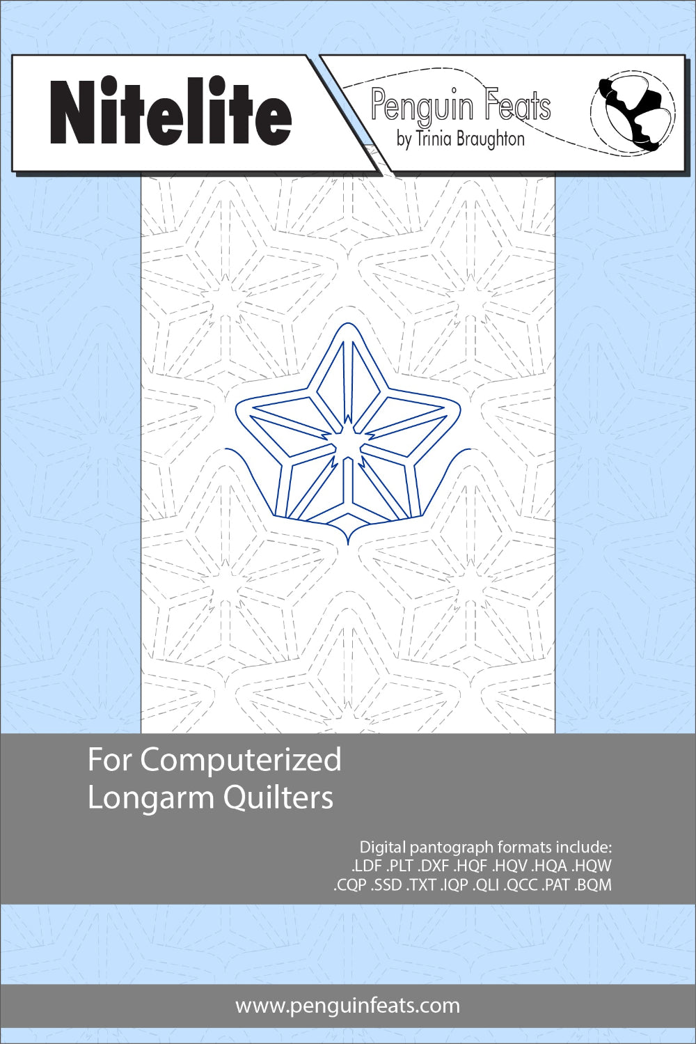 Design sheet for computerized longarm quilters with a star design on a light blue background.
