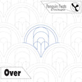 Patterned design with arches and 'Penguin Feats' branding on a white background