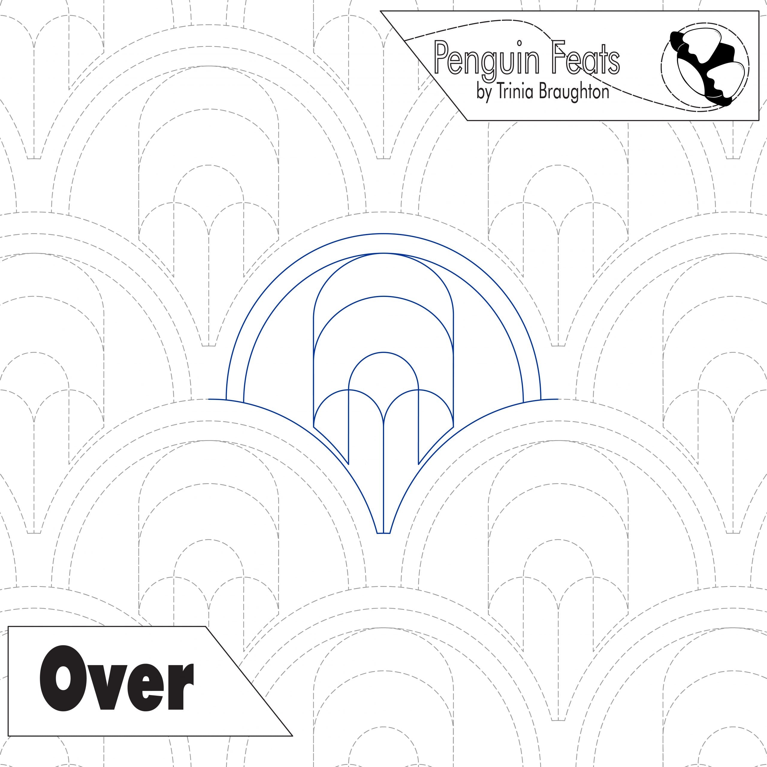 Patterned design with arches and 'Penguin Feats' branding on a white background