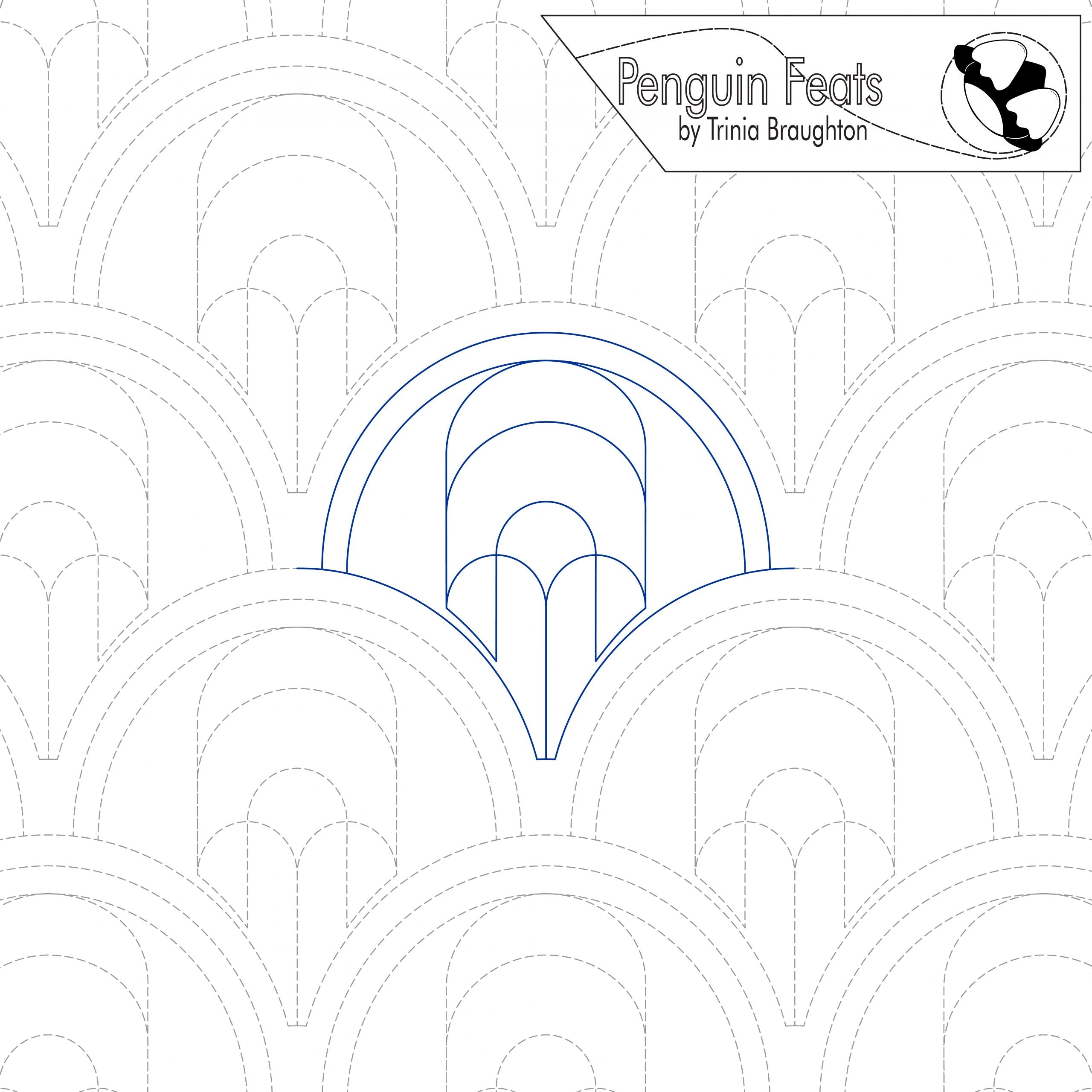 Quilting design with arches and 'Penguin Feats' branding