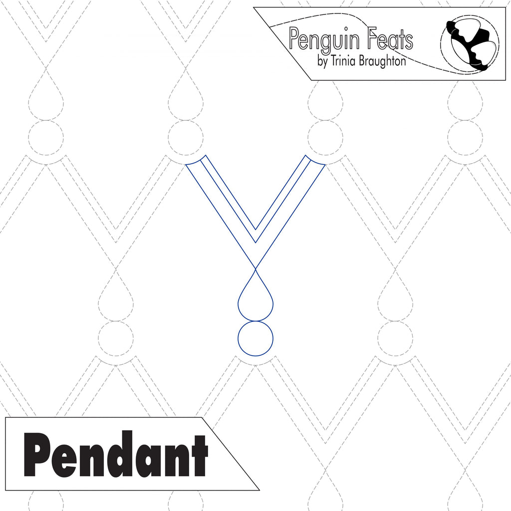Design of a pendant with geometric pattern and 'Penguin Feats' branding.
