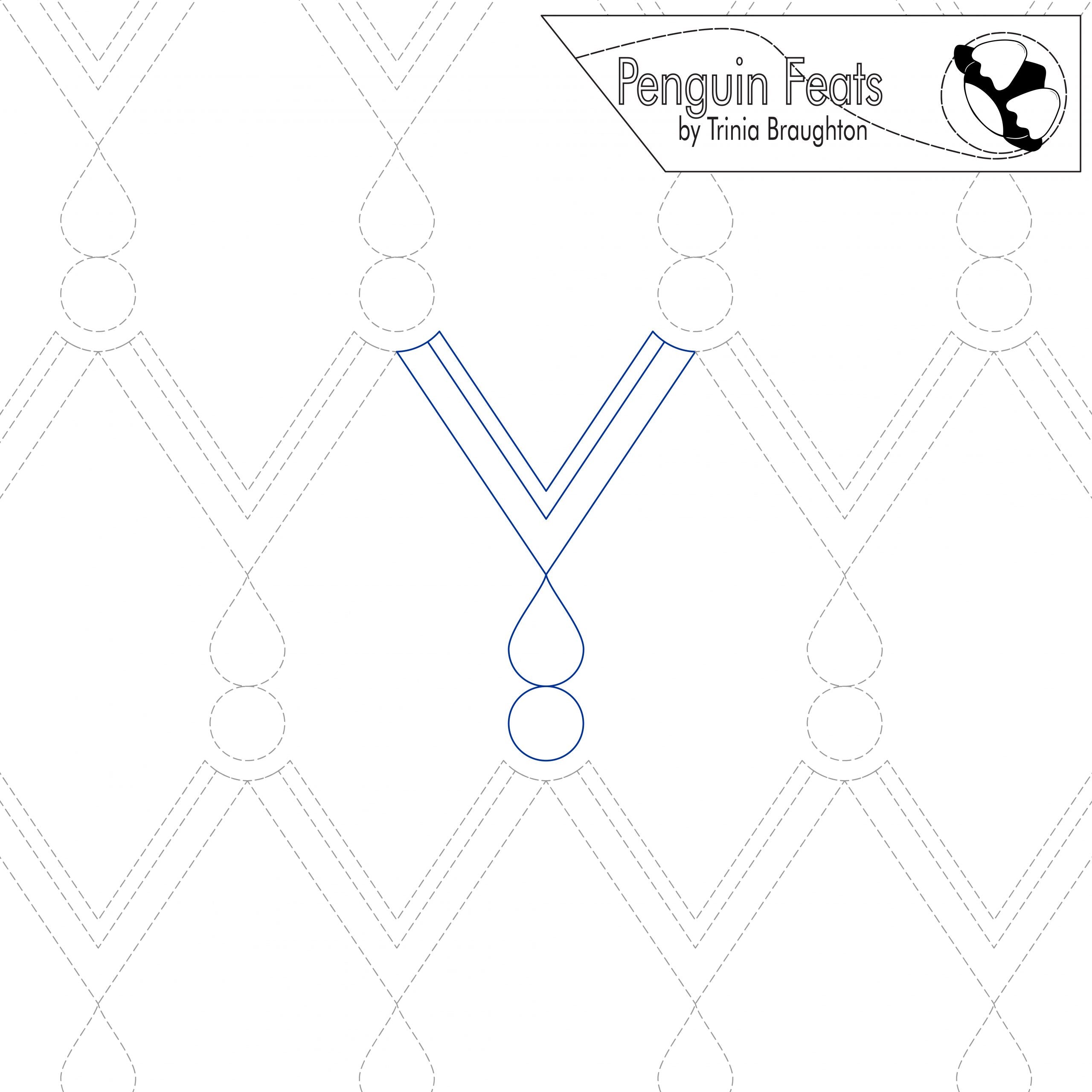 Outline design with geometric pattern and 'Penguin Feats' branding at the top.