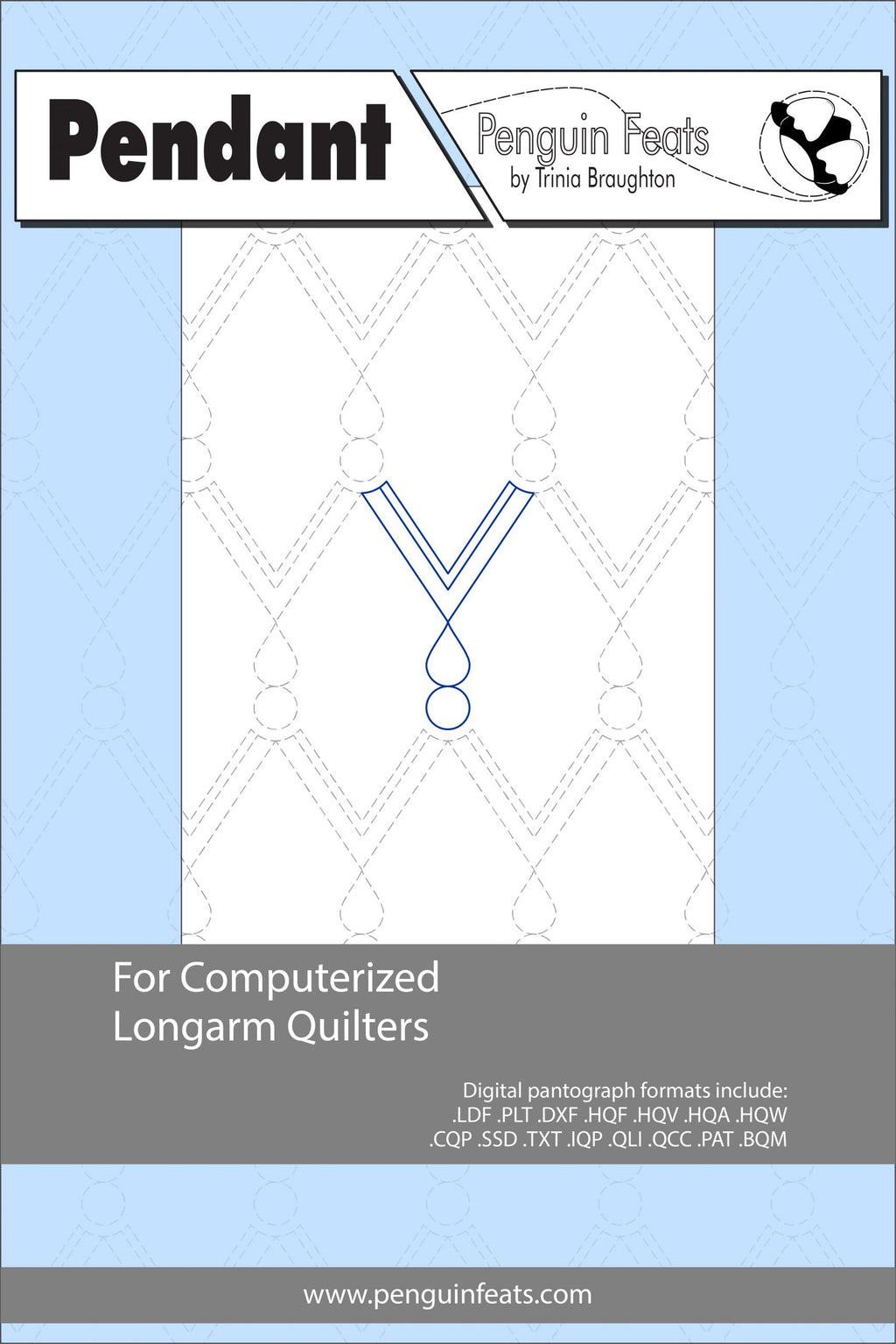 Pendant pattern for computerized longarm quilters with a blue and gray design on a white background.