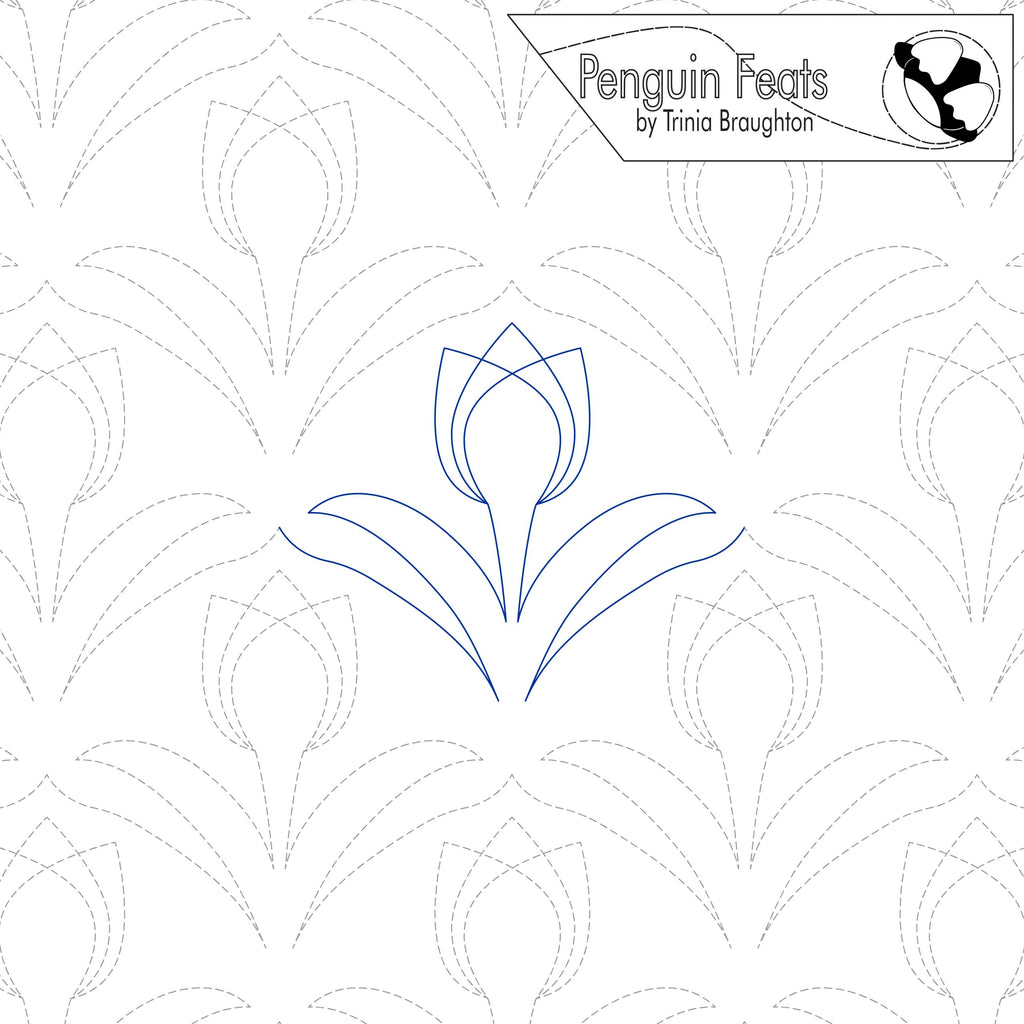 Outline of a tulip on a patterned background with 'Penguin Feats' branding.