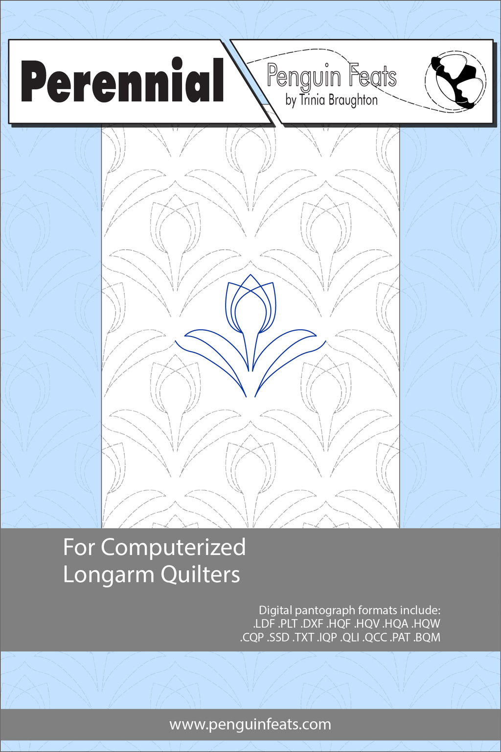 Design pattern for computerized longarm quilters with a blue flower symbol on a light blue background.