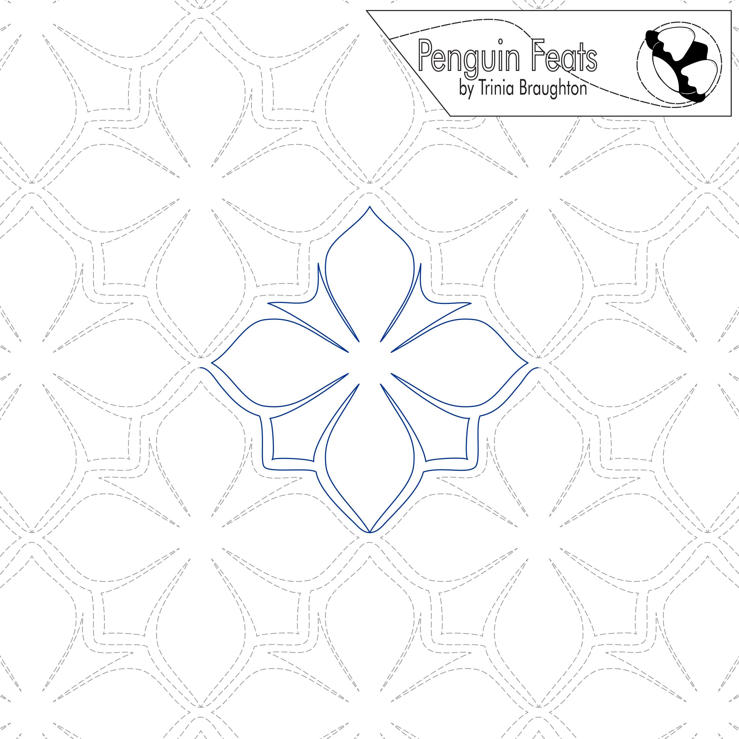 Design pattern with geometric shapes on a white background, featuring the brand 'Penguin Feats' by Trinia Braughton.