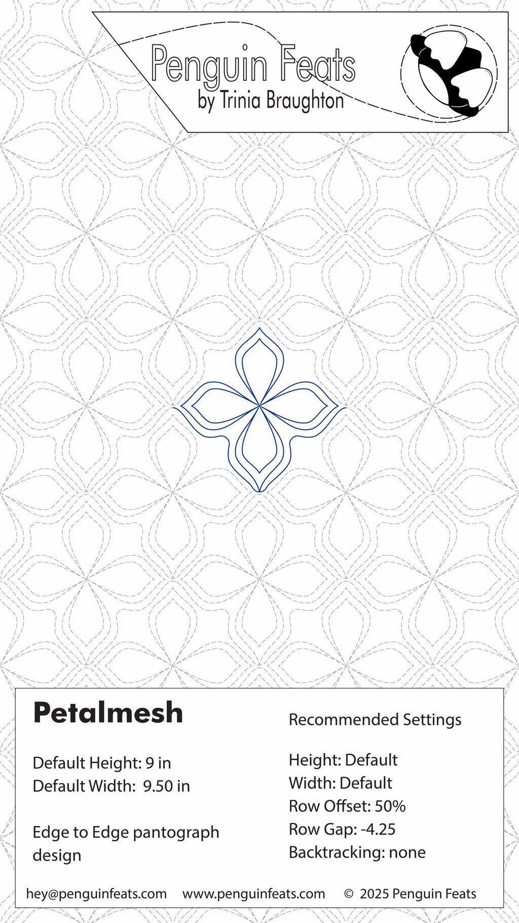 Quilting design pattern with geometric shapes on a white background, featuring the brand 'Penguin Feats' by Trinia Braughton.