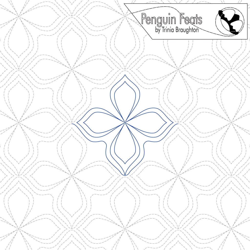 Quilting design of four petal flower with geometric design and 'Penguin Feats' branding.