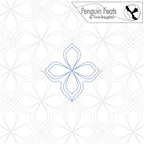 Quilting design of four petal flower with geometric design and 'Penguin Feats' branding.