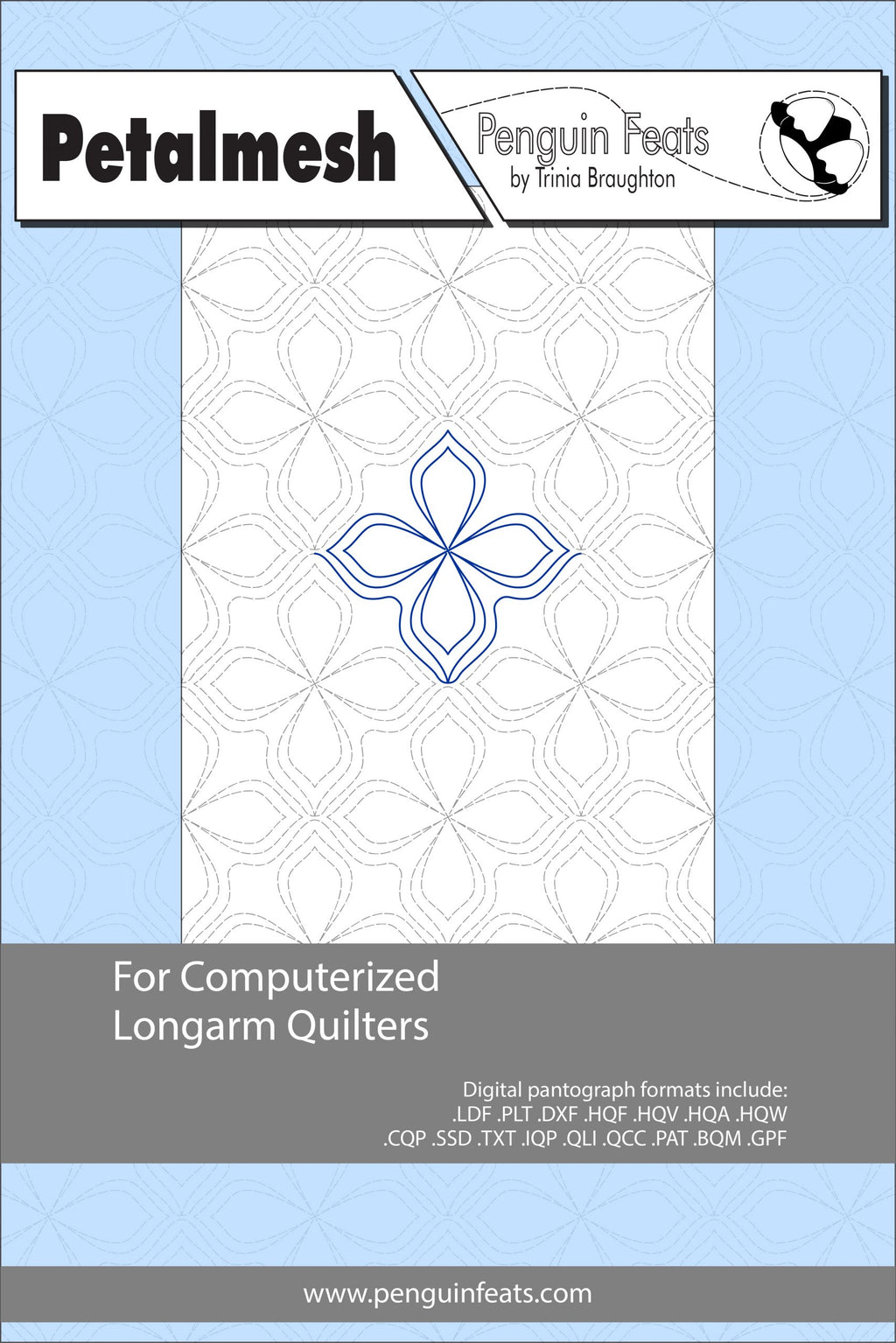 Pattern sheet for computerized longarm quilters with a blue and white design on a light blue background.