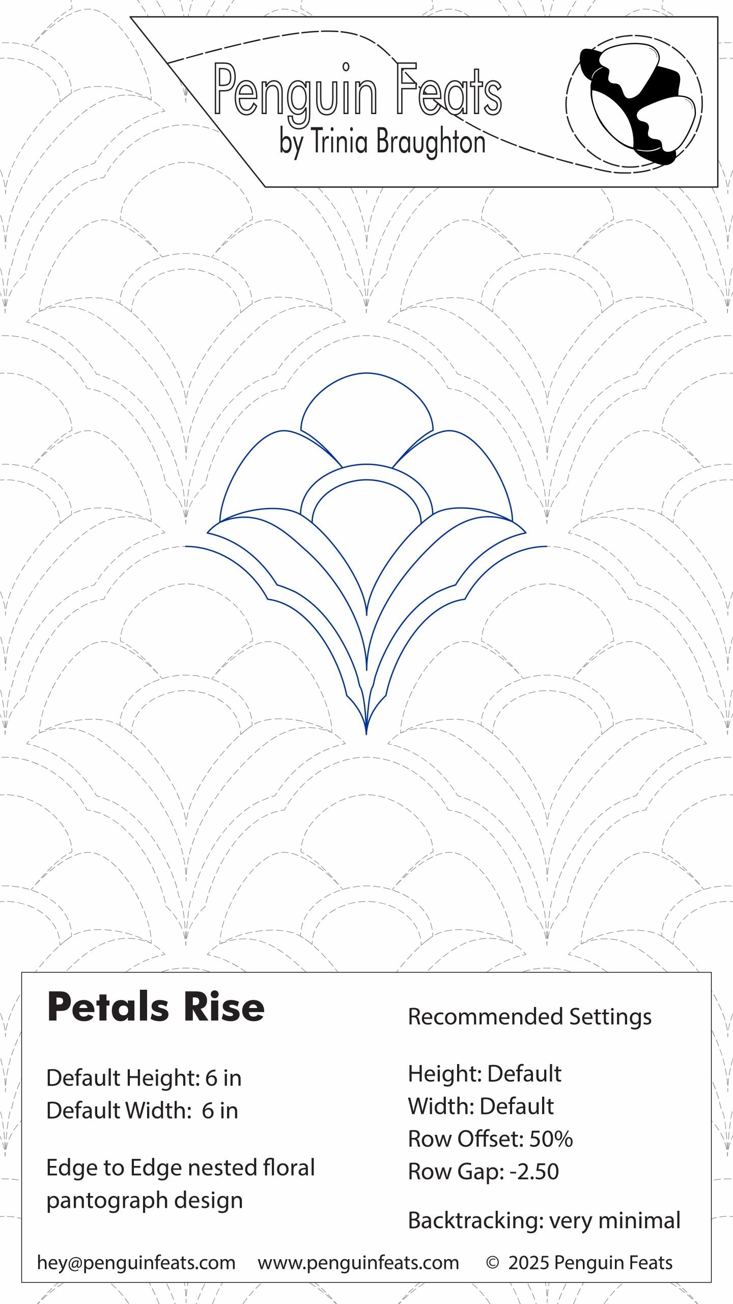Penguin Feats pattern card for 'Petals Rise' with design settings and branding information.
