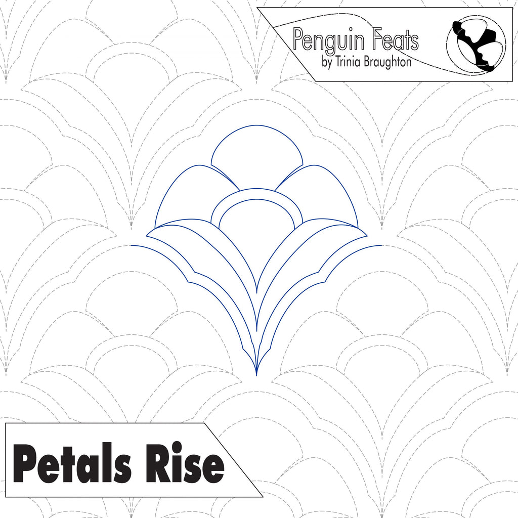 Quilting design template with 'Petals Rise' pattern and branding at the top.