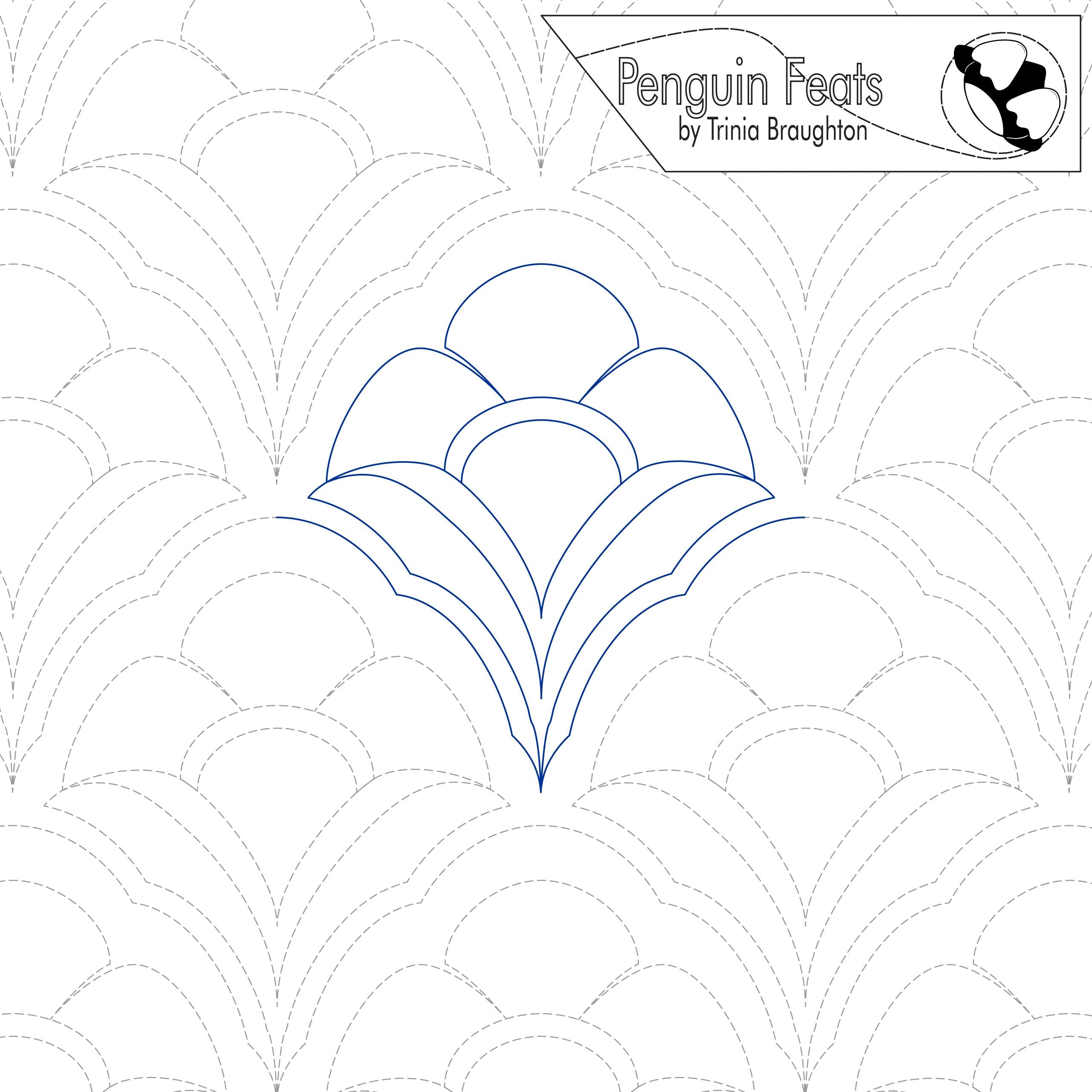 Quilting design with scalloped lines on a white background, featuring the brand 'Penguin Feats' by Trinia Braughton.