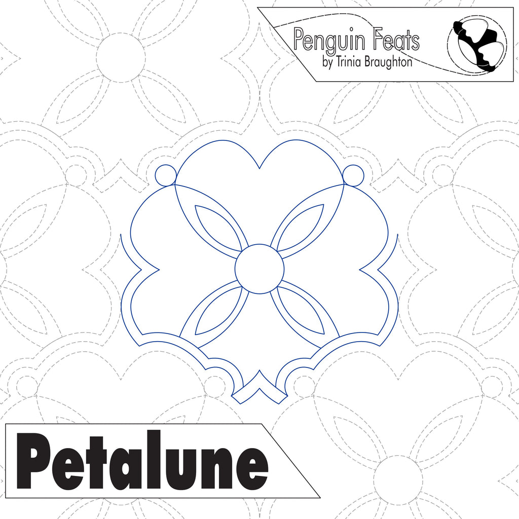 Quilting pantograph with 'Petalune' design and 'Penguin Feats' branding.