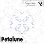Quilting pantograph with 'Petalune' design and 'Penguin Feats' branding.