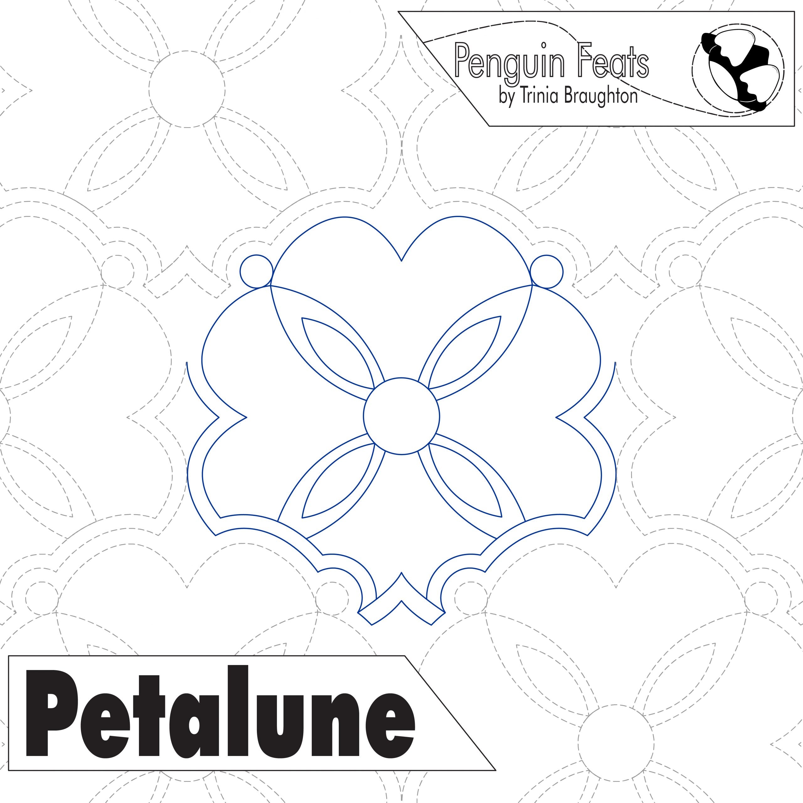Quilting pantograph with 'Petalune' design and 'Penguin Feats' branding.