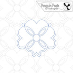 Quilting pattern with geometric shapes on a white background, featuring the brand 'Penguin Feats' by Trinia Braughton.