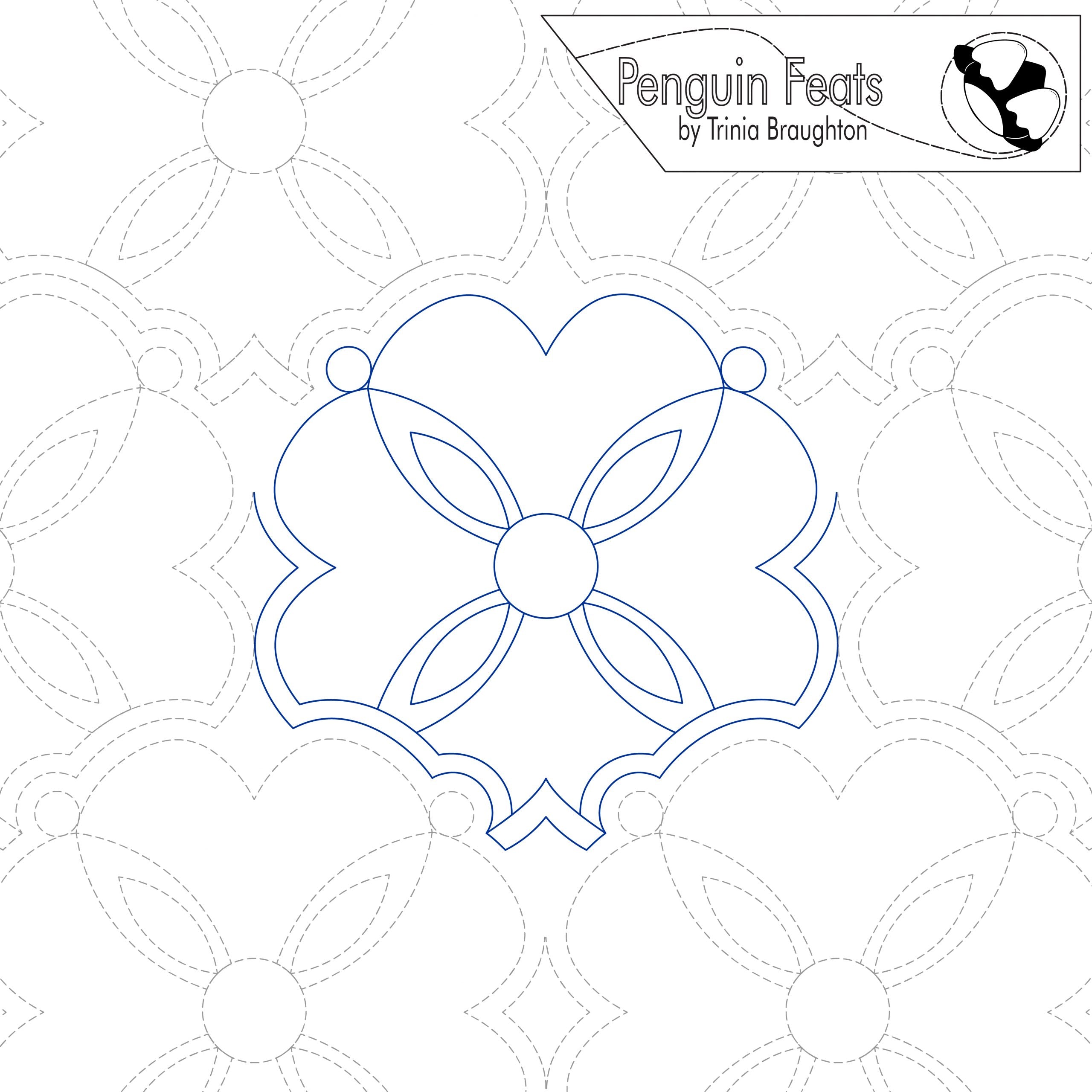 Quilting pattern with geometric shapes on a white background, featuring the brand 'Penguin Feats' by Trinia Braughton.
