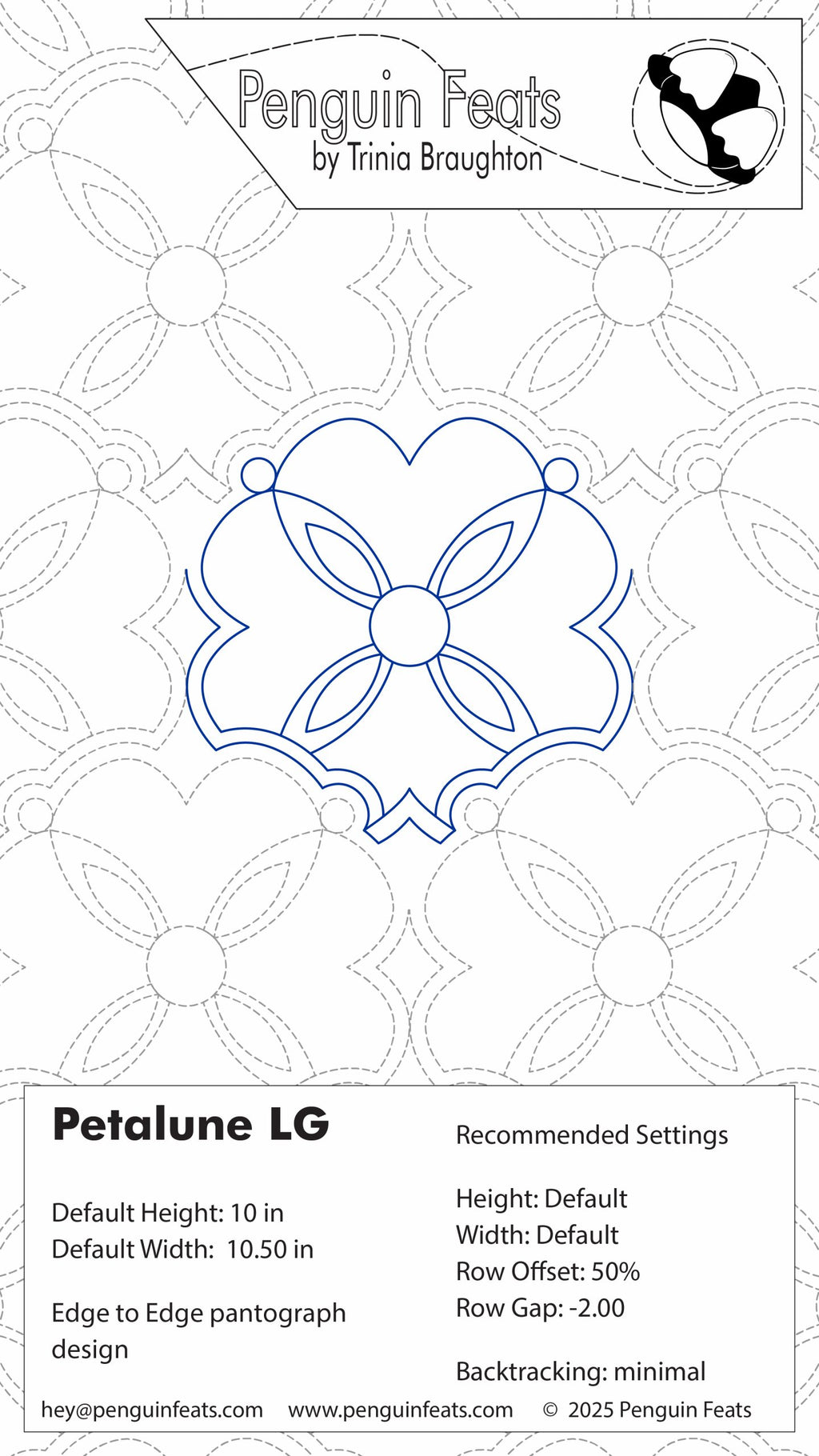Quilting design sheet for 'Petalune LG' with branding and recommended settings on a white background.