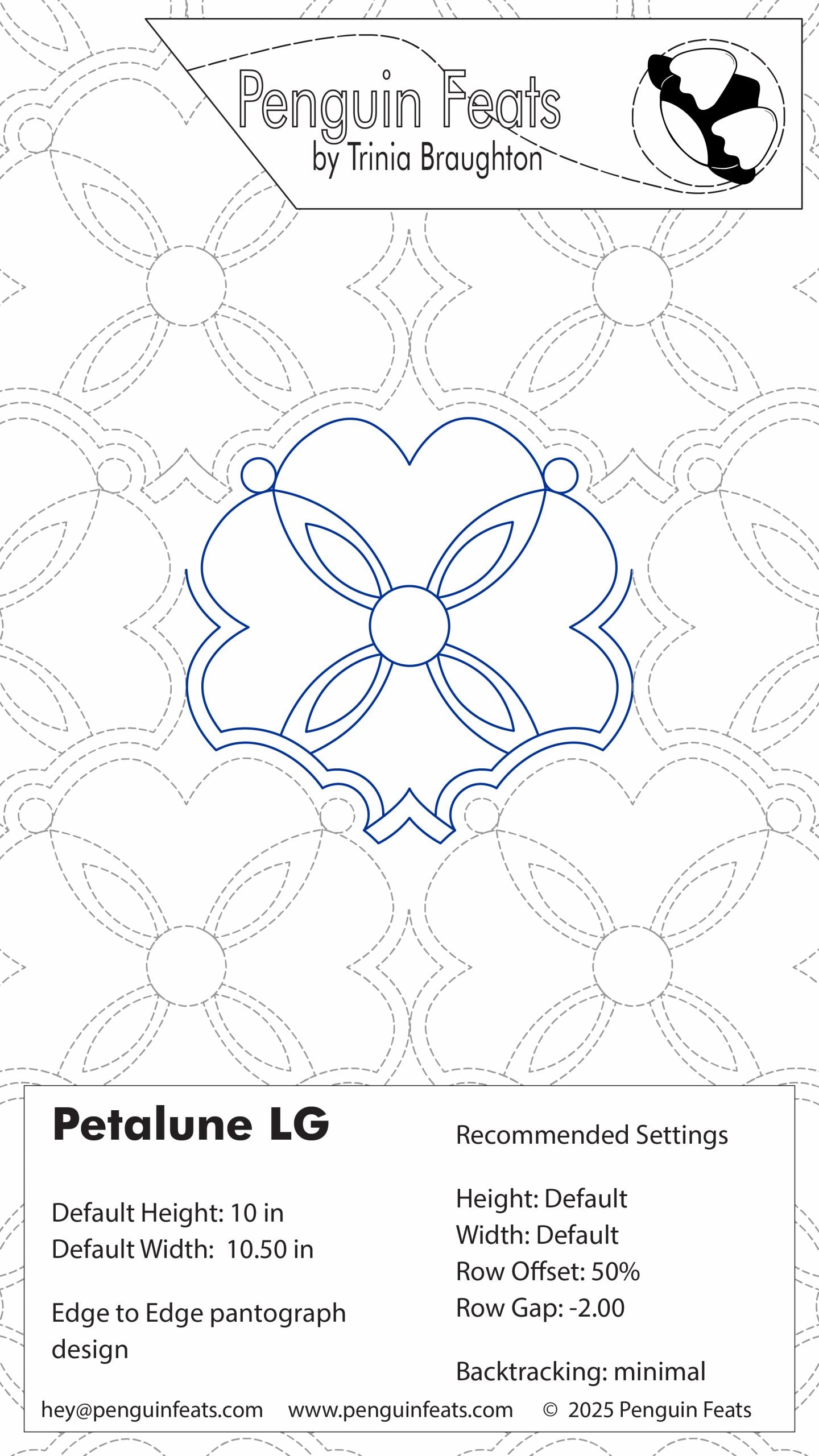 Quilting design sheet for 'Petalune LG' with branding and recommended settings on a white background.
