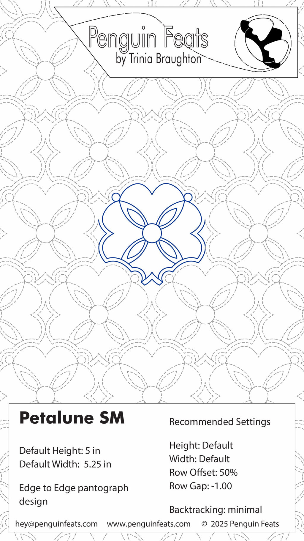 Design sheet for a floral-themed  pattern with settings and branding information.