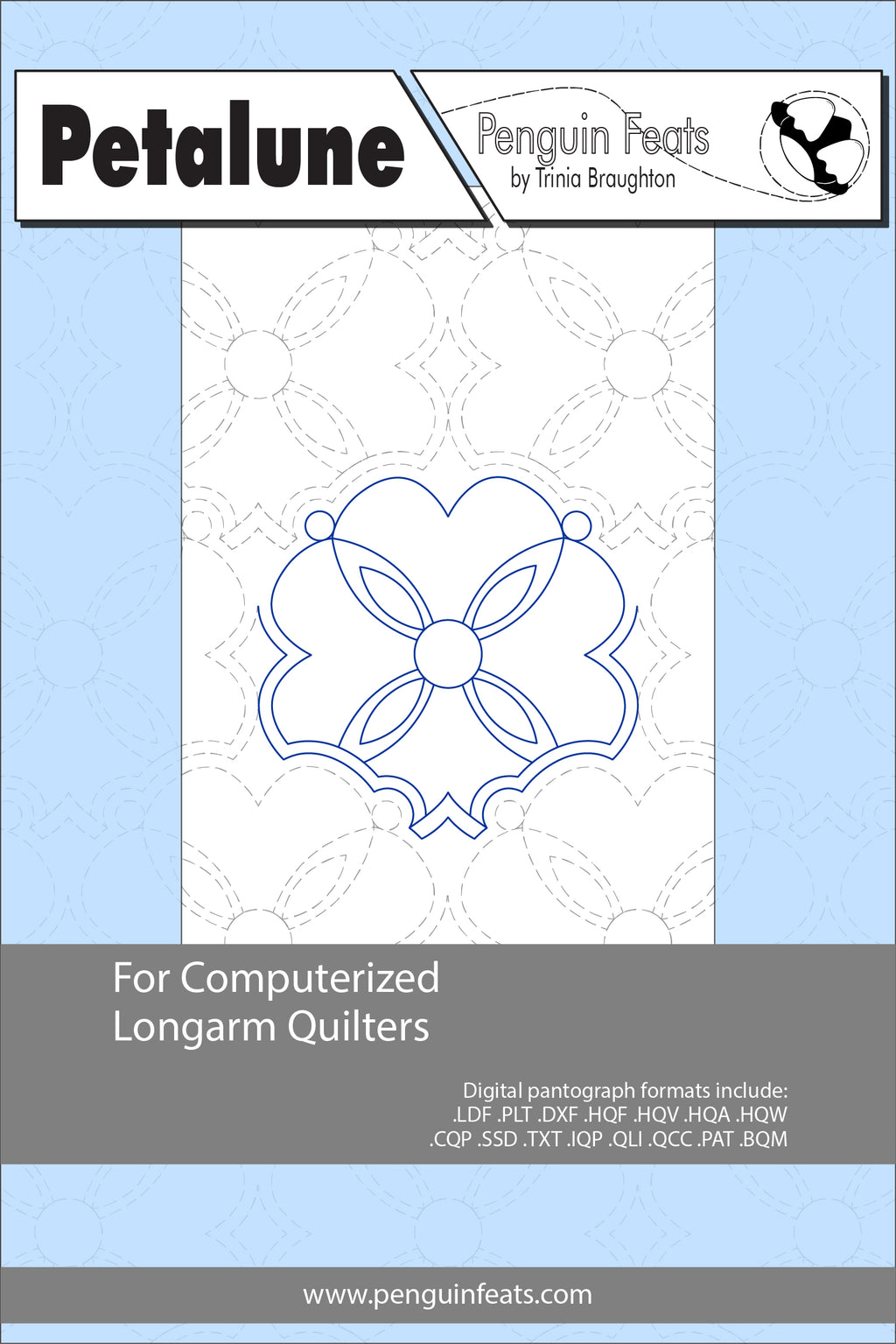 Petalune pattern sheet for computerized longarm quilters with a blue and gray design on a white background.