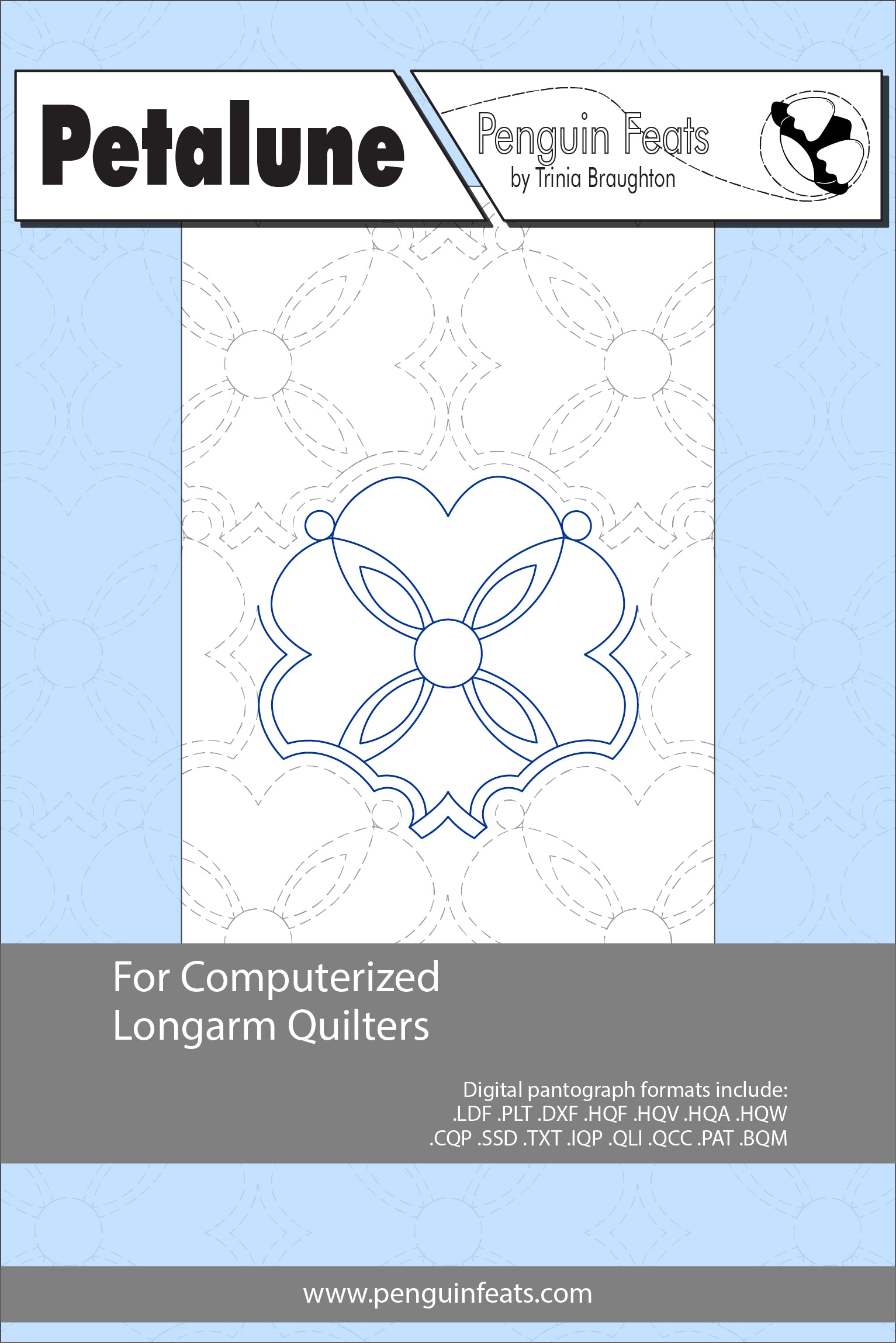 Petalune pattern sheet for computerized longarm quilters with a blue and gray design on a white background.
