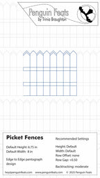 Design info sheet of picket fences with settings and Penguin Feats by Trinia Braughton branding at the top.