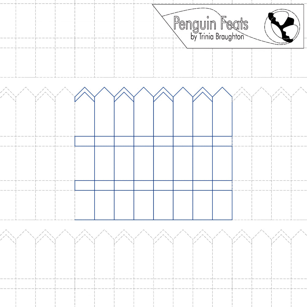Continuous line pattern with blue lines and 'Penguin Feats' logo at the top