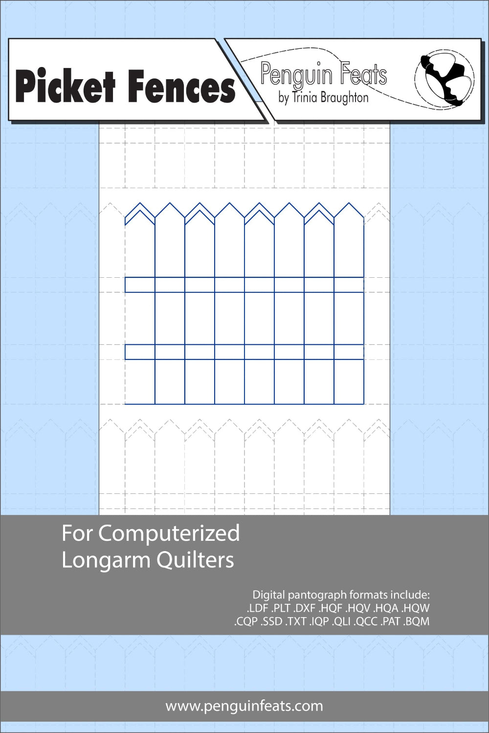Picket fence pattern for computerized longarm quilters with a blue and gray background.