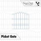 Picket gate design in blue continuous line with repeating grey background designs and 'Penguin Feats' logo at the top.