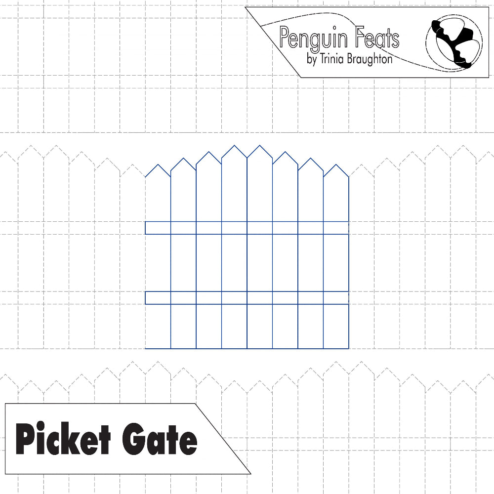Picket gate design in blue continuous line with repeating grey background designs and 'Penguin Feats' logo at the top.
