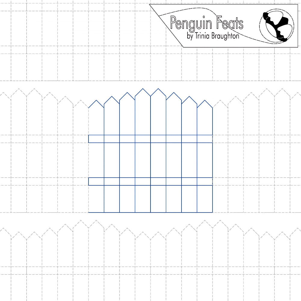 Picket gate continuous line design in blue with repeating designs in grey   and 'Penguin Feats' logo at the top.