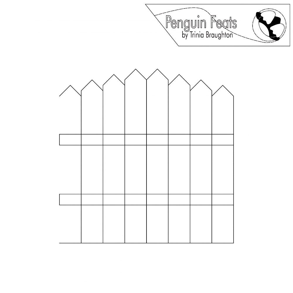 Black continuous line design of picket fence with 'Penguin Feats' branding at the top.