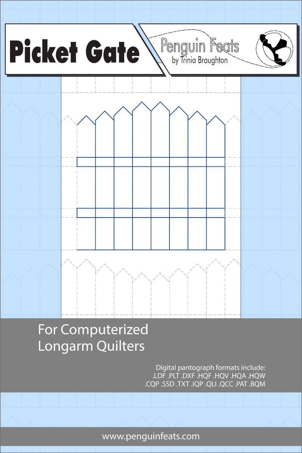 Picket gate design info for computerized longarm quilters with a blue and gray design on a white background.