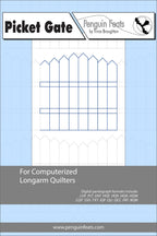 Picket gate design info for computerized longarm quilters with a blue and gray design on a white background.