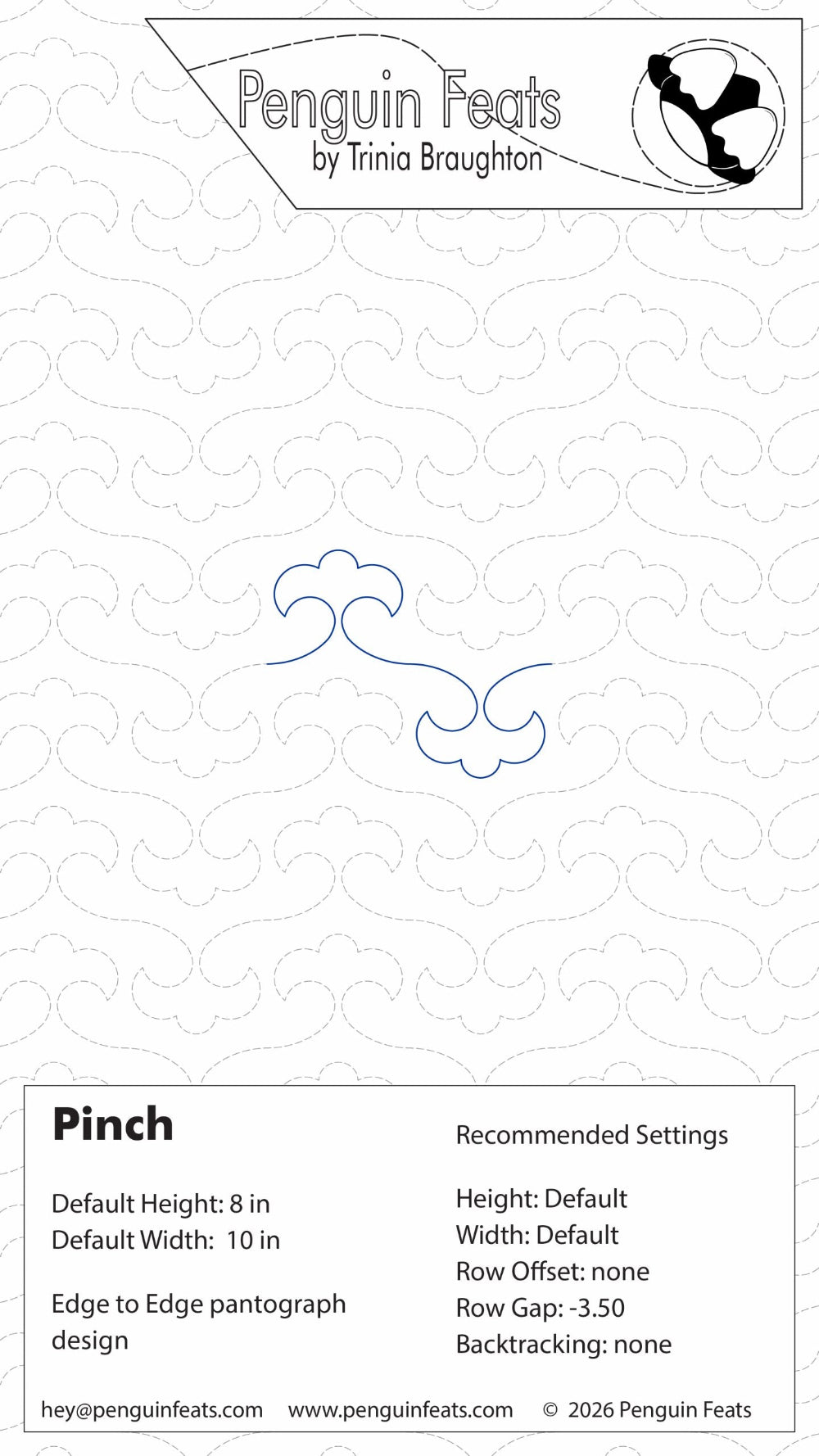 Pinch pantograph design with recommended settings on a white background